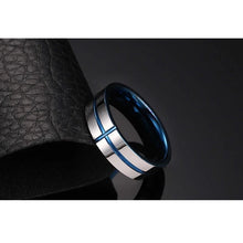 Load image into Gallery viewer, Thin Blue Line "Cross" Tungsten Ring