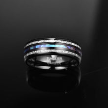 Load image into Gallery viewer, Thin Blue Line 8mm Electric Black Inlaid Meteorite Abalone Tungsten Carbide Ring