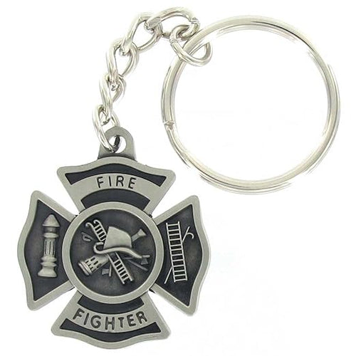 Fire Fighter Maltese Cross Antique Pewter Finish Keychain with Split-ring and Chain