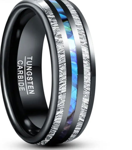 Thin Blue Line 8mm Electric Black Inlaid Meteorite Abalone Tungsten Carbide Ring