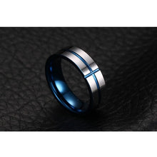 Load image into Gallery viewer, Thin Blue Line "Cross" Tungsten Ring