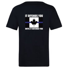 Load image into Gallery viewer, TBLC Spartan Flag Offends Until It Defends T-Shirt