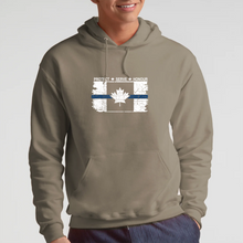 Load image into Gallery viewer, BIG MAN (4XL ) Original Tattered Thin Blue Line Canadian (BLACK or WHITE) Flag Classic Unisex Hoodie (with FREE sticker for a limited time)