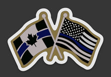 Load image into Gallery viewer, Canada-USA Crossed Thin Blue Line Flags  Sticker / Decal