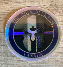 Load image into Gallery viewer, Thin Blue Line Canada 3 " Round Spartan Helmet Sticker / Decal (Regular or Holographic)
