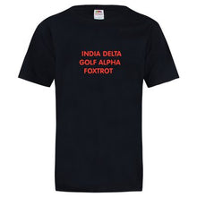 Load image into Gallery viewer, INDIA DELTA GOLF ALPHA FOXTROT Fruit of the Loom® Unisex T-shirt
