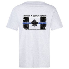 Load image into Gallery viewer, Original Tattered Thin Blue Line Canadian Flag Classic Men's/Unisex  T-Shirt (small logo left chest/optional large logo on back)