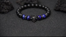 Load image into Gallery viewer, Thin Blue Line Inspired Handmade 8mm Beaded Unisex Natural Stone Blue Tiger Eye Bracelet w/ Black Wolf Head  (4 sizes, FREE Shipping)