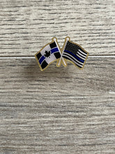 Load image into Gallery viewer, Thin Blue Line Canada/U.S. Crossed Flags Lapel Pin