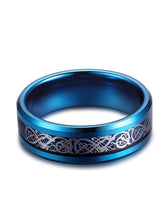 Load image into Gallery viewer, Thin Blue Line 8mm Tungsten Ring Dragon Blue Beveled Edge Size 6-14