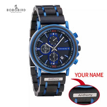 Load image into Gallery viewer, Thin Blue Line Inspired BOBO BIRD Men’s Wooden Watch  with engraved Name or Badge # (FREE Shipping)
