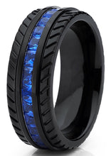 Load image into Gallery viewer, Thin Blue Line Men's Black Titanium W/ Princess Cut Deep Blue Cubic Zirconia CZ