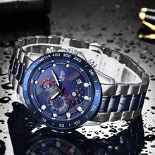 Load image into Gallery viewer, LIGE Chronograph Quartz Waterproof Blue Watch with Thin Blue Line Stainless Steel Strap