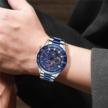 Load image into Gallery viewer, LIGE Chronograph Quartz Waterproof Blue Watch with Thin Blue Line Stainless Steel Strap