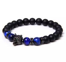 Load image into Gallery viewer, Thin Blue Line Inspired Handmade 8mm Beaded Unisex Natural Stone Blue Tiger Eye Bracelet w/ Black Wolf Head  (4 sizes, FREE Shipping)