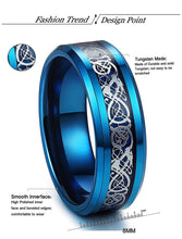 Load image into Gallery viewer, Thin Blue Line 8mm Tungsten Ring Dragon Blue Beveled Edge Size 6-14