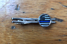 Load image into Gallery viewer, Thin Blue Line American Flag Round Tie Bar Clip Clasp Tack Silver Color Plated