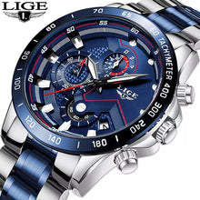 Load image into Gallery viewer, LIGE Chronograph Quartz Waterproof Blue Watch with Thin Blue Line Stainless Steel Strap