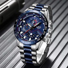 Load image into Gallery viewer, LIGE Chronograph Quartz Waterproof Blue Watch with Thin Blue Line Stainless Steel Strap