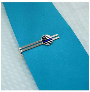 Thin Blue Line American Flag Round Tie Bar Clip Clasp Tack Silver Color Plated