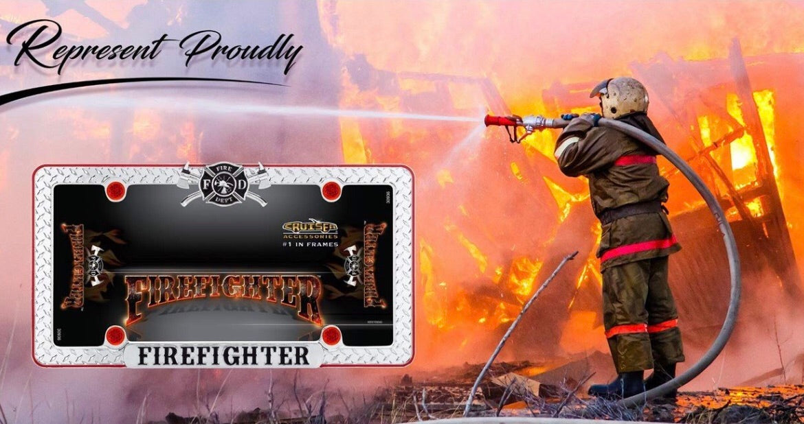 Metal Firefighter License Plate frame -Chrome/Black/Red w/Fastener