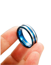 Load image into Gallery viewer, Thin Blue Line 8mm Tungsten Ring for Men Blue Grooved Brushed Size 7-14