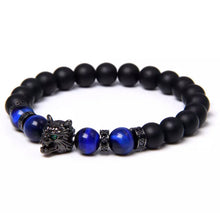 Load image into Gallery viewer, Thin Blue Line Inspired Handmade 8mm Beaded Unisex Natural Stone Blue Tiger Eye Bracelet w/ Black Wolf Head  (4 sizes, FREE Shipping)