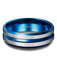 Load image into Gallery viewer, Thin Blue Line 8mm Tungsten Ring for Men Blue Grooved Brushed Size 7-14