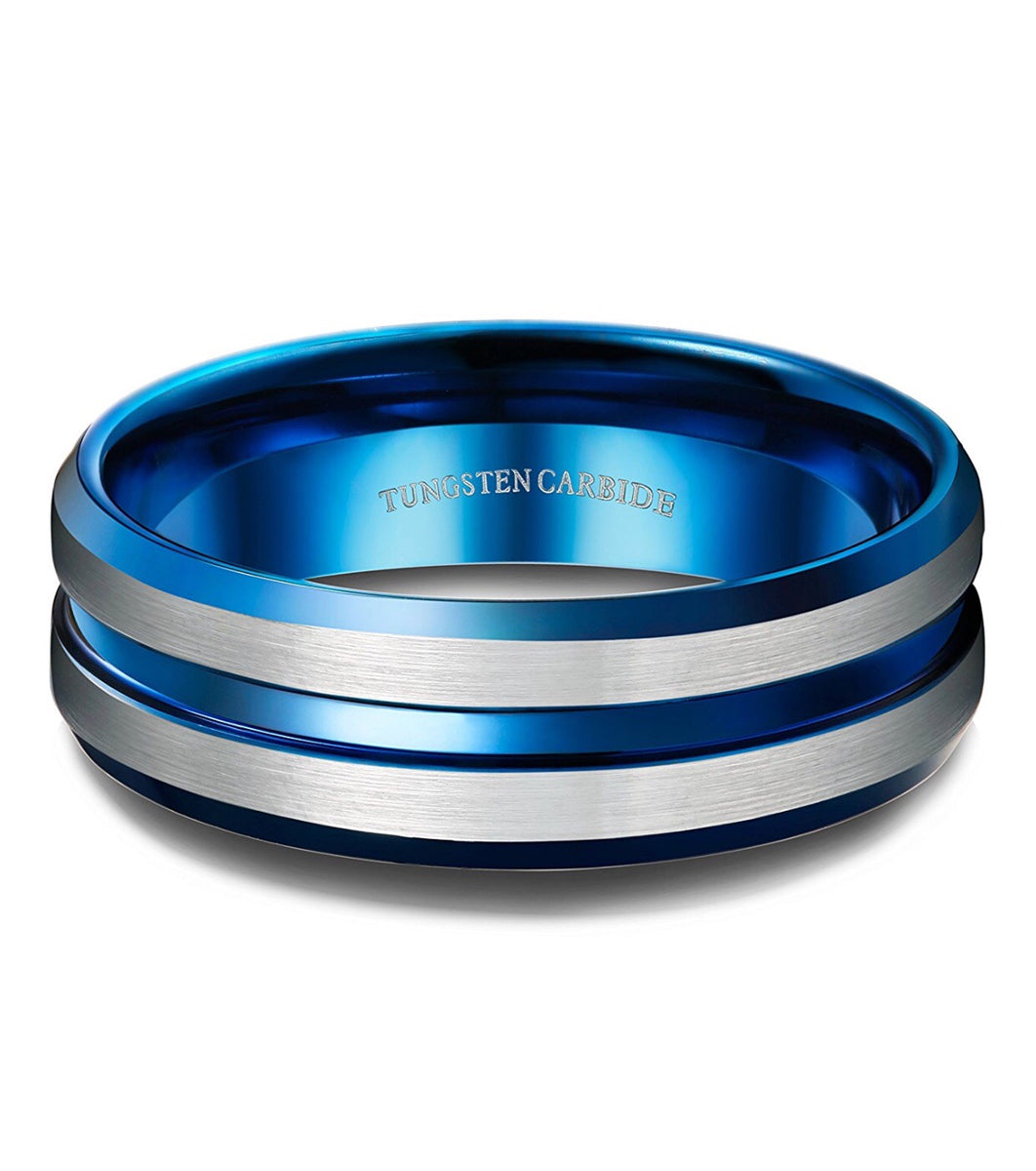 8mm Tungsten Carbide Ring Blue Grooved Line For Men Wedding Band ATOP  Jewelry