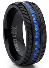 Load image into Gallery viewer, Thin Blue Line Men's Black Titanium W/ Princess Cut Deep Blue Cubic Zirconia CZ