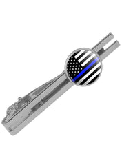 Load image into Gallery viewer, Thin Blue Line American Flag Round Tie Bar Clip Clasp Tack Silver Color Plated