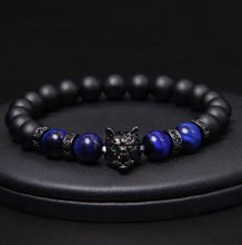 Load image into Gallery viewer, Thin Blue Line Inspired Handmade 8mm Beaded Unisex Natural Stone Blue Tiger Eye Bracelet w/ Black Wolf Head  (4 sizes, FREE Shipping)