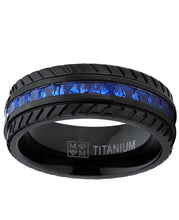 Load image into Gallery viewer, Thin Blue Line Men's Black Titanium W/ Princess Cut Deep Blue Cubic Zirconia CZ