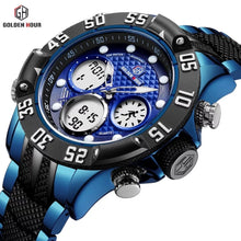 Load image into Gallery viewer, Thin Blue Line GOLDENHOUR Fashion Sport Digital Men’s Dual Time LED Alarm Chronograph Display Full Steel Quartz Watch (FREE Shipping)
