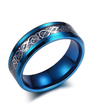 Load image into Gallery viewer, Thin Blue Line 8mm Tungsten Ring Dragon Blue Beveled Edge Size 6-14