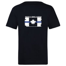 Load image into Gallery viewer, Original Tattered Thin Blue Line Canadian Flag Classic Men's/Unisex  T-Shirt (small logo left chest/optional large logo on back)