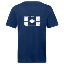 Load image into Gallery viewer, Original Tattered Thin Blue Line Canadian Flag Classic Men's/Unisex  T-Shirt (small logo left chest/optional large logo on back)