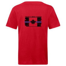 Load image into Gallery viewer, Original Tattered Thin Blue Line Canadian Flag Classic Men's/Unisex  T-Shirt (small logo left chest/optional large logo on back)