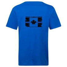 Load image into Gallery viewer, Original Tattered Thin Blue Line Canadian Flag Classic Men's/Unisex  T-Shirt (small logo left chest/optional large logo on back)