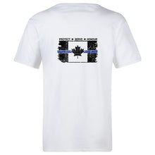 Load image into Gallery viewer, Original Tattered Thin Blue Line Canadian Flag Classic Men's/Unisex  T-Shirt (small logo left chest/optional large logo on back)
