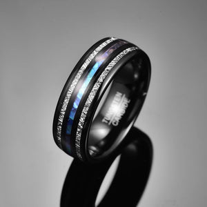 Thin Blue Line 8mm Electric Black Inlaid Meteorite Abalone Tungsten Carbide Ring