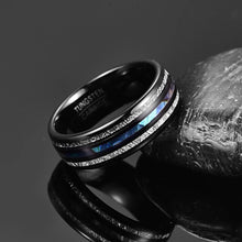 Load image into Gallery viewer, Thin Blue Line 8mm Electric Black Inlaid Meteorite Abalone Tungsten Carbide Ring