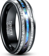 Load image into Gallery viewer, Thin Blue Line 8mm Electric Black Inlaid Meteorite Abalone Tungsten Carbide Ring