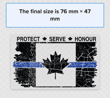 Load image into Gallery viewer, TATTERED CLEAR Thin Blue Line Canada Flag with PROTECT SERVE HONOUR (3 &quot; x 1.75 &quot;) sticker / decal