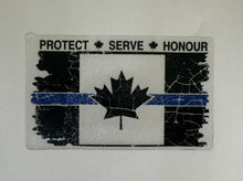 Load image into Gallery viewer, TATTERED CLEAR Thin Blue Line Canada Flag with PROTECT SERVE HONOUR (3 &quot; x 1.75 &quot;) sticker / decal