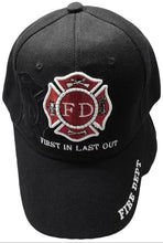 Load image into Gallery viewer, Fire Department First in Last Out embroidered Hat / Cap