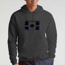 Load image into Gallery viewer, Original Tattered Thin Blue Line Canadian BLACK Flag Classic Unisex Hoodie (with FREE sticker for a limited time)