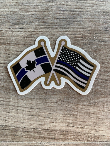 Canada-USA Crossed Thin Blue Line Flags  Sticker / Decal