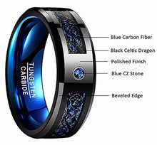Load image into Gallery viewer, Thin Blue Line Inspired Men&#39;s Blue Tungsten Carbide Ring Inlaid Black Dragon Ring