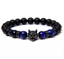 Load image into Gallery viewer, Thin Blue Line Inspired Handmade 8mm Beaded Unisex Natural Stone Blue Tiger Eye Bracelet w/ Black Wolf Head  (4 sizes, FREE Shipping)